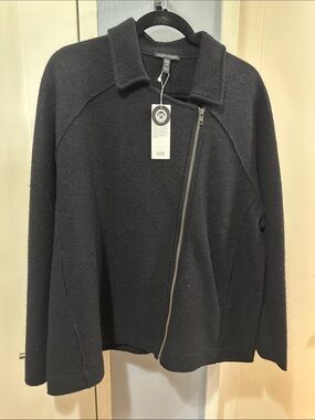 NWT Eileen Fisher Black Asymmetrical Boiled Zip Wool Jacket
